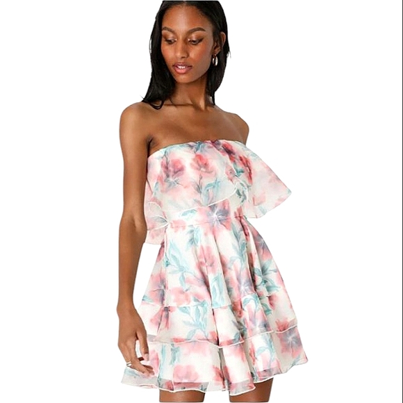 Lulus Adored Darling Strapless Mini Dress in Ivory Floral Organza Ruffled - Picture 1 of 12